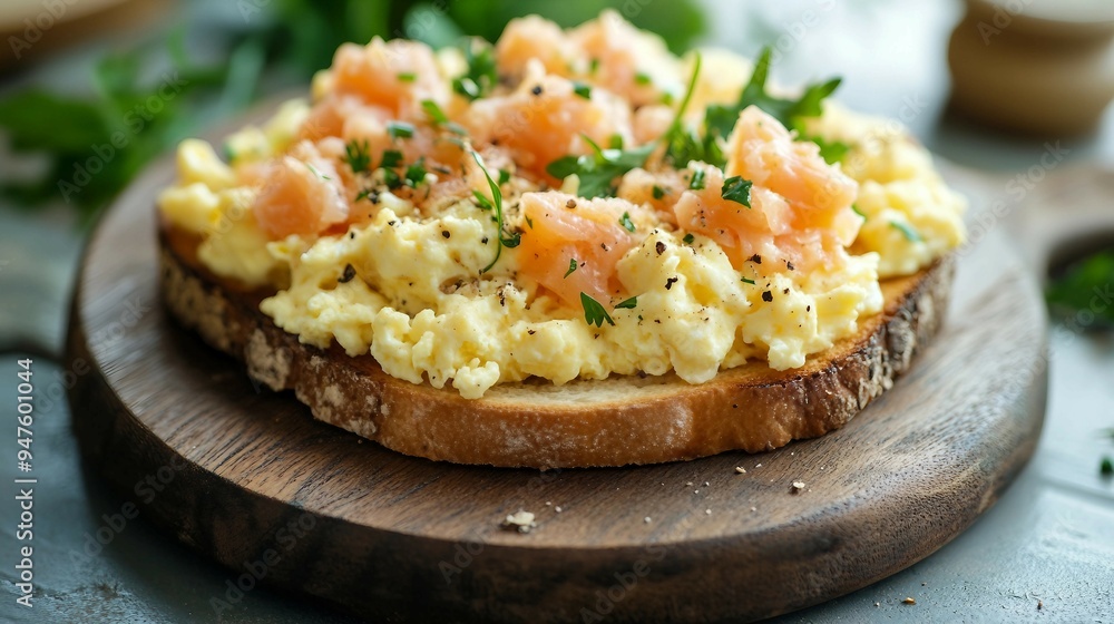 Gourmet Brunch Delight - Scrambled Eggs Toast with Smoked Salmon and Fresh Microgreens on White Plate, Selective Focus Gourmet Brunch Delight - Scrambled Eggs Toast with Smoked Salmon and Fresh Microgreens on White Plate, Selective Focus