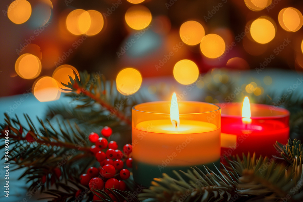 Burning holiday candles and Christmas tree branches. Yellow and red Christmas candles close up. New Year, holiday. Blurred lights, bokeh in the background. Cozy, warm atmosphere. Burning holiday candles and Christmas tree branches. Yellow and red Christmas candles close up. New Year, holiday. Blurred lights, bokeh in the background. Cozy, warm atmosphere.