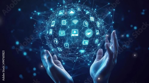 Abstract globe background. Global network connectivity. Internet community in social media marketing. Internet of Things. Interconnected global network with icons representing social media. Technology