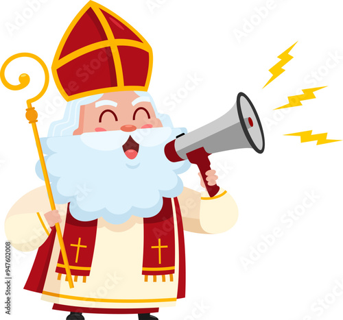 Cute Saint Nicholas or Sinterklaas Cartoon Character Speaking Through A Megaphone. Vector Illustration Flat Design Isolated On Transparent Background