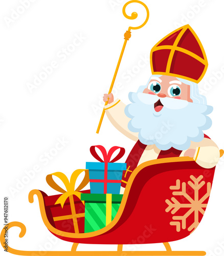 Cute Saint Nicholas or Sinterklaas Cartoon Character Sleigh Filled With Christmas Toys And Presents. Vector Illustration Flat Design Isolated On Transparent Background