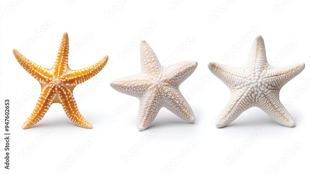 Three distinct starfish showcasing beautiful textures and colors, perfect for beach-themed decor or nature s. Three distinct starfish showcasing beautiful textures and colors, perfect for beach-themed decor or nature s.