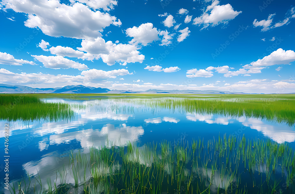 Fototapeta premium landscape with lake and blue sky