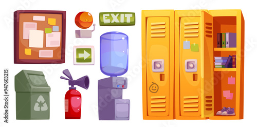 School corridor furniture and equipment - cartoon vector closed and open locker with student books and shoes, bulletin board and water bottle, fire extinguisher and trash bin, exit sign and wall bell.