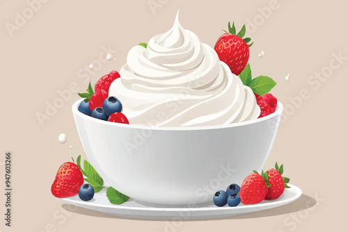 white plate with tasty cream and ripe juicy strawberries on a white background. romantic dessert for two