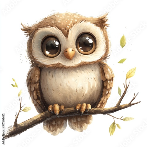 Cute cartoon owl perched on a branch with big eyes.