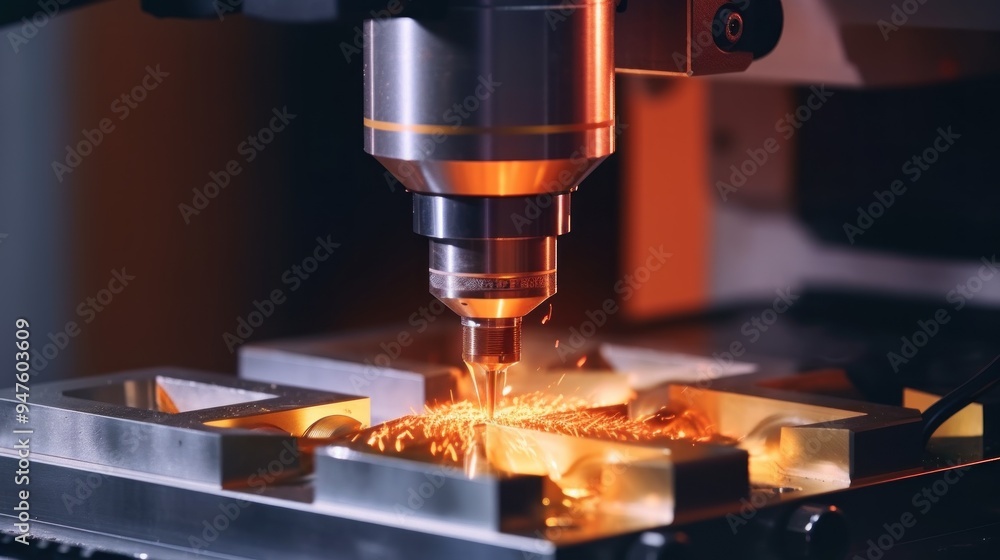 Close-up of a CNC Machine Cutting Metal with Sparks Close-up of a CNC Machine Cutting Metal with Sparks