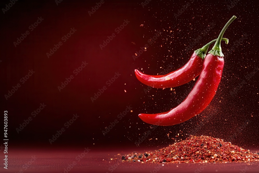 Two vibrant red chili peppers float above a mound of chili powder, creating a dynamic and spicy visual treat on a rich red background. Two vibrant red chili peppers float above a mound of chili powder, creating a dynamic and spicy visual treat on a rich red background.