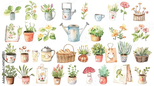 Watercolor Illustration of Garden Elements