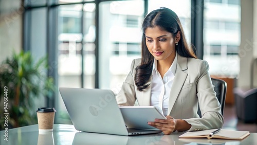 An Indian businesswoman analyzing financial reports in a corporate environment.
