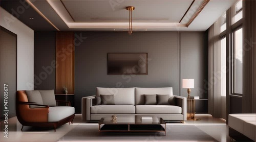 Contemporary living room interior with sofa, table, modern appliances, stylish design and ample natural light.