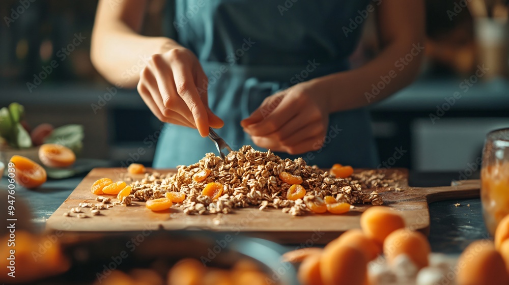 Granola Making: Woman with Dry Apricots at Table in Kitchen Granola Making: Woman with Dry Apricots at Table in Kitchen
