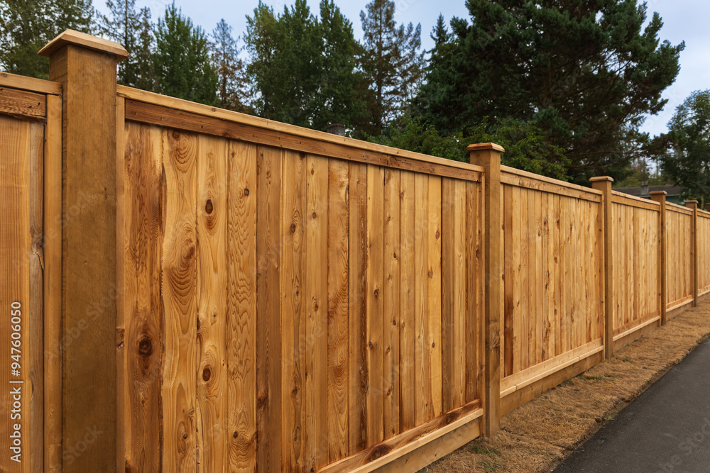 Big new wooden fence around the house and trees. . Street photo. Fencing and gates. Big new wooden fence around the house and trees. . Street photo. Fencing and gates.