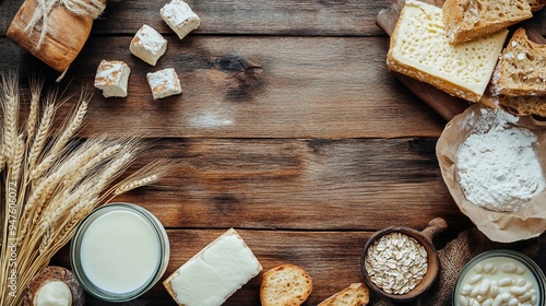 Shavuot Celebration Flat Lay with Dairy Products, First Fruits, and Wheat on Light Gray Background - Top View Jewish Holiday Frame Web Banner photo