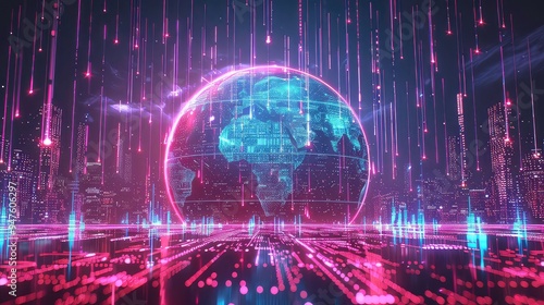 Fototapeta Naklejka Na Ścianę i Meble -  A digital rendering of a globe illuminated with data points hovering over a glowing futuristic city with light streaks descending from above.