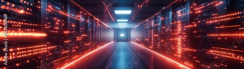 Futuristic server room illuminated with red and blue lights, showcasing advanced technology and data processing environment.