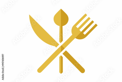 white background plate and golden fork and knife icons set