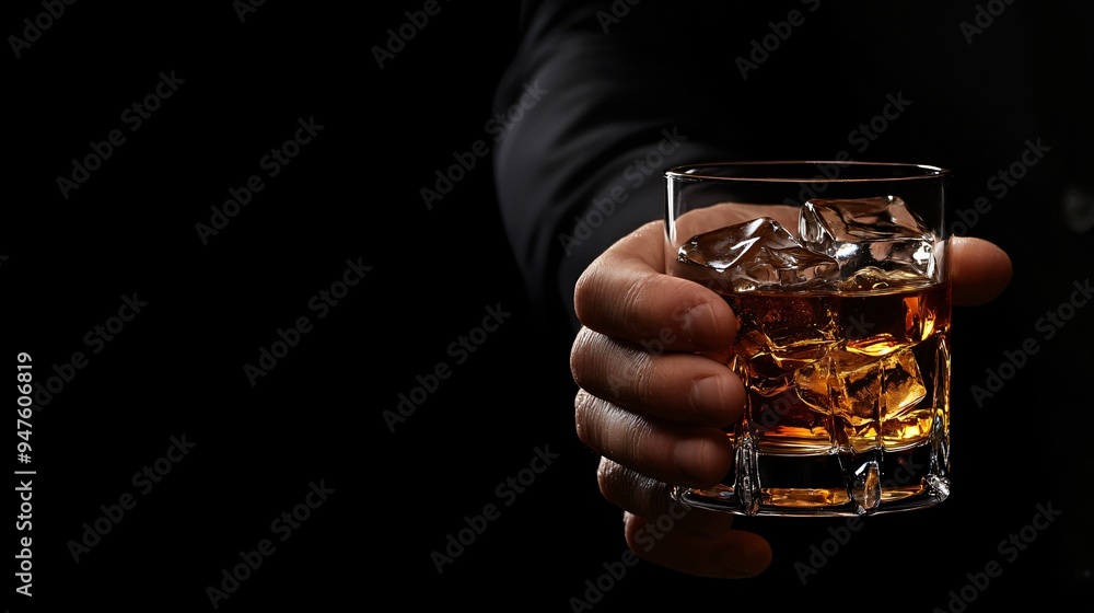 Elegant Man Holding Glass of Whiskey with Ice Cubes on Black Background Elegant Man Holding Glass of Whiskey with Ice Cubes on Black Background