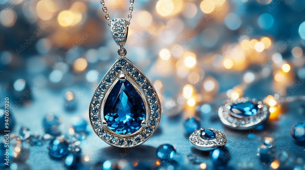 Elegant Silver Jewelry Set Featuring Blue Sapphire Stone on Soft Pastel Background Elegant Silver Jewelry Set Featuring Blue Sapphire Stone on Soft Pastel Background