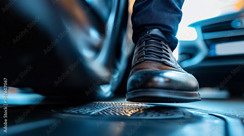 Man in Black Shoes Pushing Car Brake Pedal Close-Up Man in Black Shoes Pushing Car Brake Pedal Close-Up