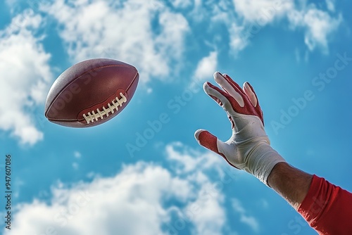 Catching football in sky, dynamic outdoor sports concept