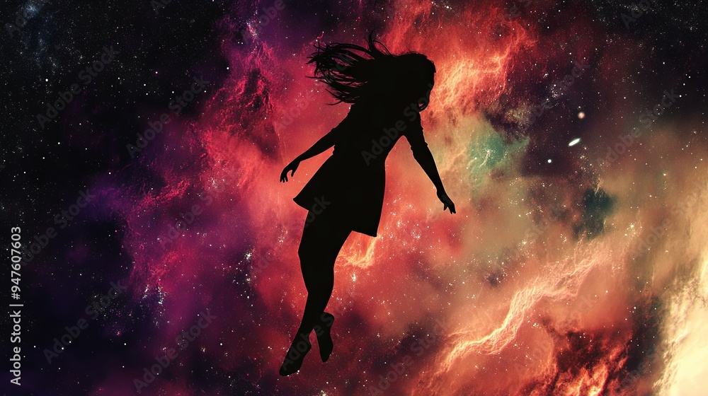 Naklejka premium Space flying girl in beautiful sky glow