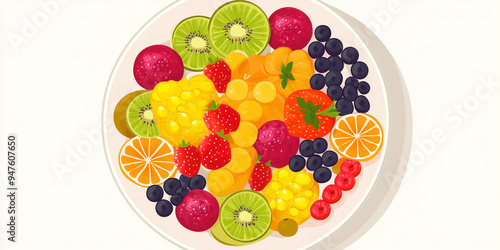 Different fruits symmetrically positioned on a round plate photo