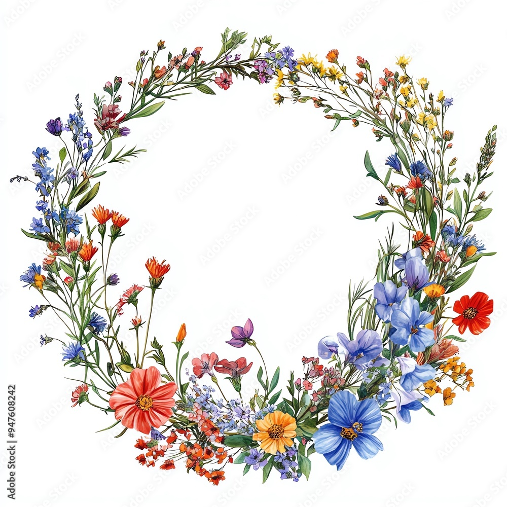 Fototapeta premium Watercolor wreath of wildflowers with copy space.