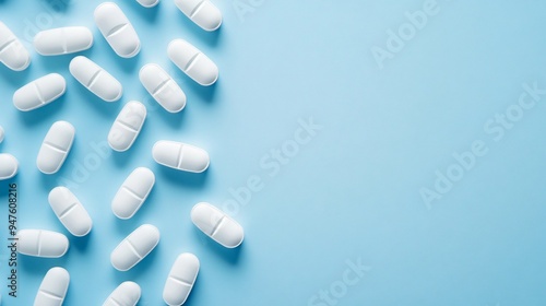 Antibiotic Pills on Light Blue Background Closeup