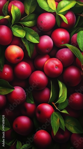 Wallpaper Mural Vibrant red plums surrounded by green leaves, showcasing a fresh and healthy bounty in a delightful arrangement. Torontodigital.ca