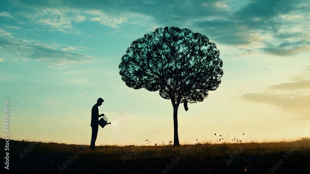 Silhouette of a man watering a tree shaped like a human brain in a field, a silhouette illustration concept with copy space, Silhouette of a man watering a tree shaped like a human brain in a field, a silhouette illustration concept with copy space,