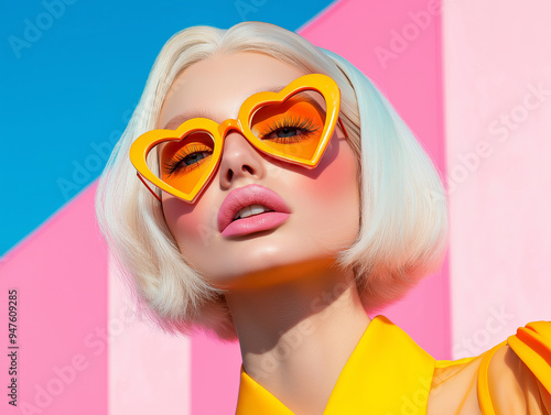 A model wearing neon heart-shaped sunglasses poses confidently against a vibrant pink and blue background. Pop culture aesthetics meet high fashion in this playful editorial shot.