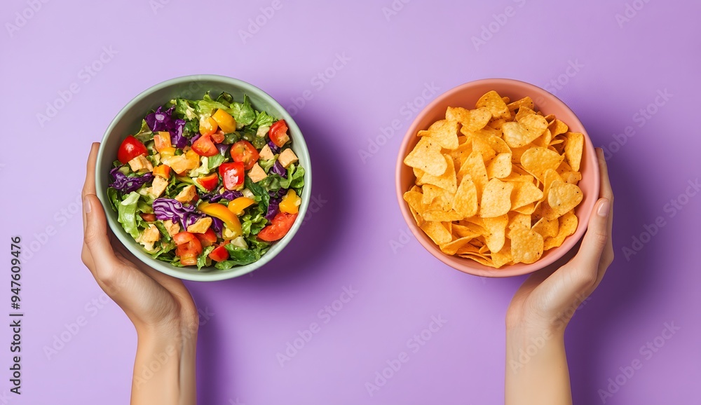 Two hands holding a salad bowl and a chips bowl, against a purple background, representing a healthy eating versus fast food concept Two hands holding a salad bowl and a chips bowl, against a purple background, representing a healthy eating versus fast food concept