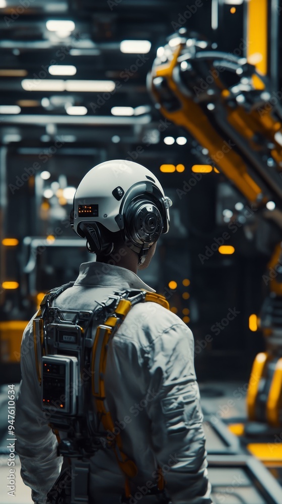 a man in an uniform is looking at an industrial machine with a mechanical arm a man in an uniform is looking at an industrial machine with a mechanical arm