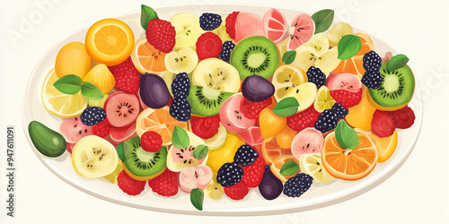 Variety of fruits displayed in an organized pattern on a dish photo