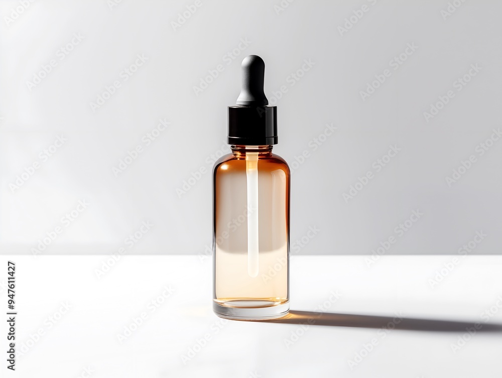 Elegant dropper bottle with a black cap and golden serum inside, set against a bright white background, highlighting a luxurious skincare design. Elegant dropper bottle with a black cap and golden serum inside, set against a bright white background, highlighting a luxurious skincare design.