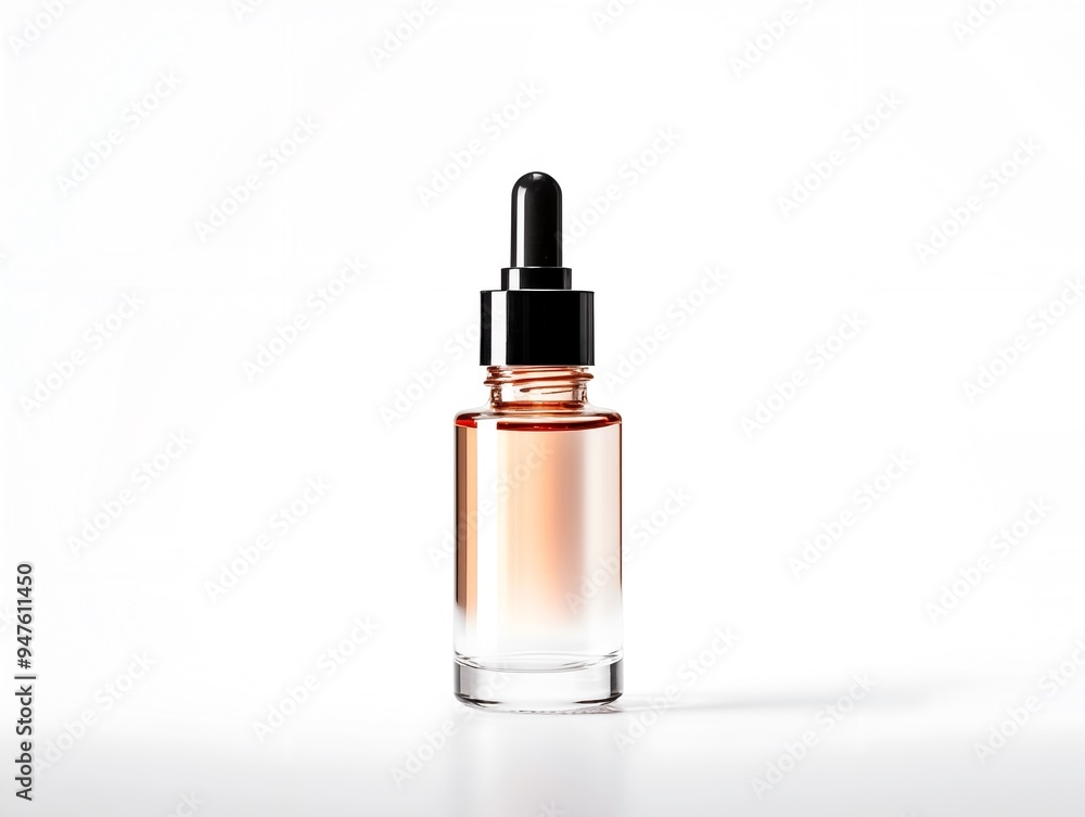 Elegant dropper bottle with a black cap and golden serum inside, set against a bright white background, highlighting a luxurious skincare design. Elegant dropper bottle with a black cap and golden serum inside, set against a bright white background, highlighting a luxurious skincare design.