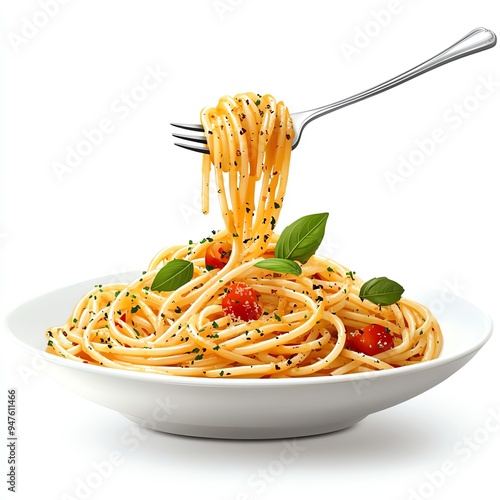 A pasta dish with fork clipart, Italian cuisine, realistic style, with spaghetti twirled on a fork, isolated on white background