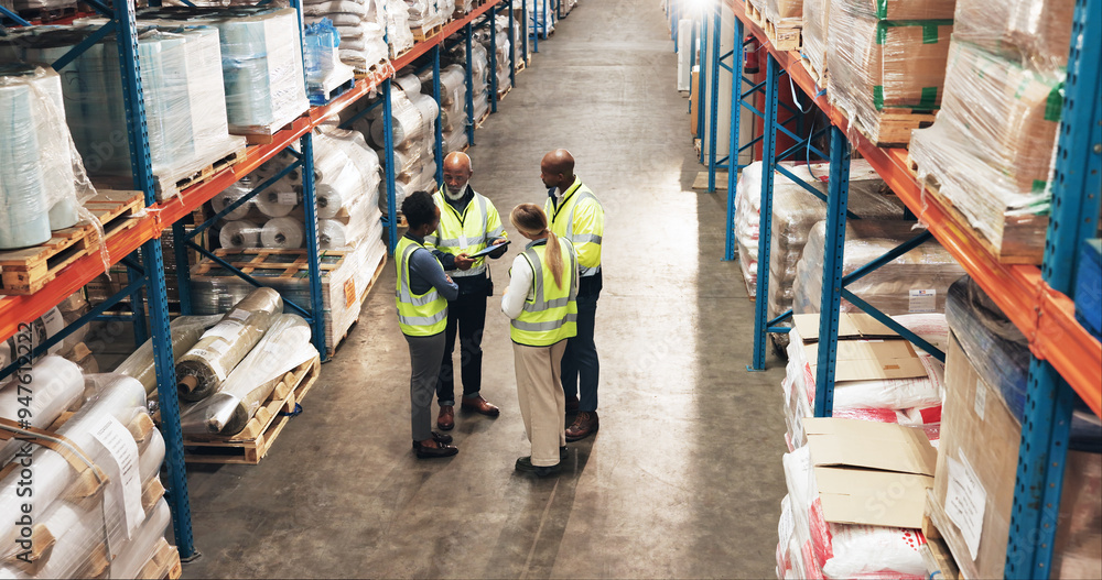 Obraz premium Logistics, inspection and group of people in warehouse with tablet for online checklist in distribution collaboration. Inventory management, meeting and team in factory on digital app for planning
