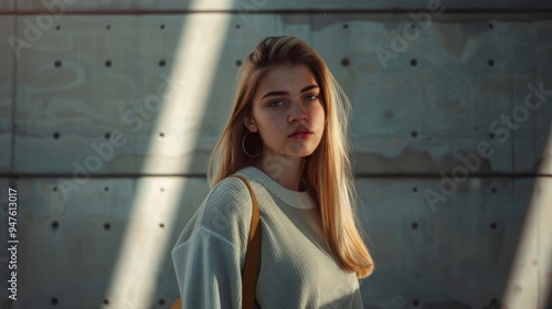 Young woman with long hair standing against a concrete wall, soft light shining, looking thoughtfully at the camera.