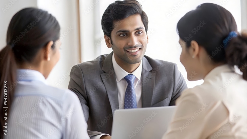 An Indian bank representative conducting a meeting with clients in the office.
An Indian bank representative conducting a meeting with clients in the office.