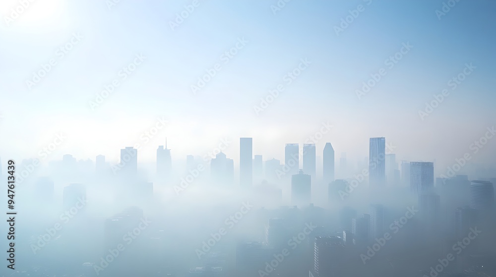 Photograph of a city skyline obscured by smog and pollution with a clear area of negative space for copywriting advertising or graphic design elements Photograph of a city skyline obscured by smog and pollution with a clear area of negative space for copywriting advertising or graphic design elements