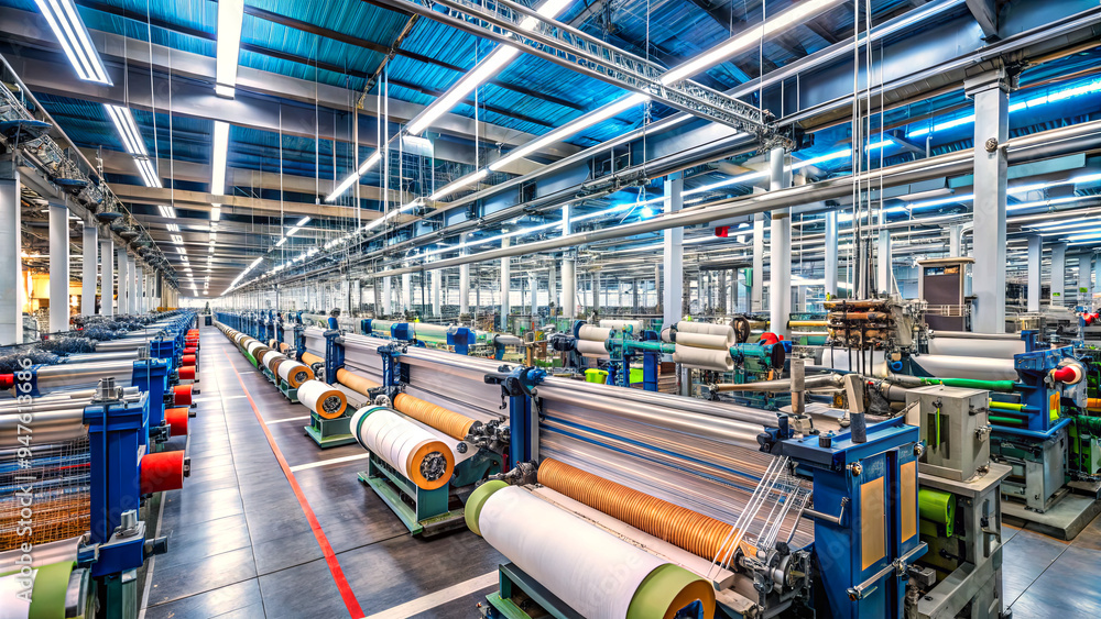 Naklejka premium The vast textile factory features multiple weaving machines, actively producing fabric rolls, under bright lighting and a spacious layout, showcasing efficient manufacturing processes