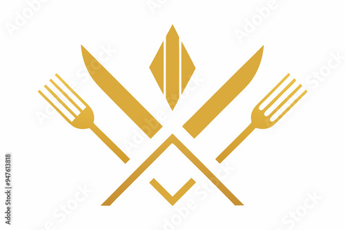 white background plate and golden fork and knife icons set