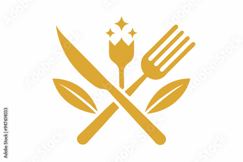 white background plate and golden fork and knife icons set