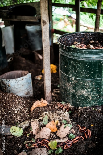 Wallpaper Mural Organic composting setup with decomposing organic materials and a worm bin. Fertile soil and composting process, Generative AI Torontodigital.ca