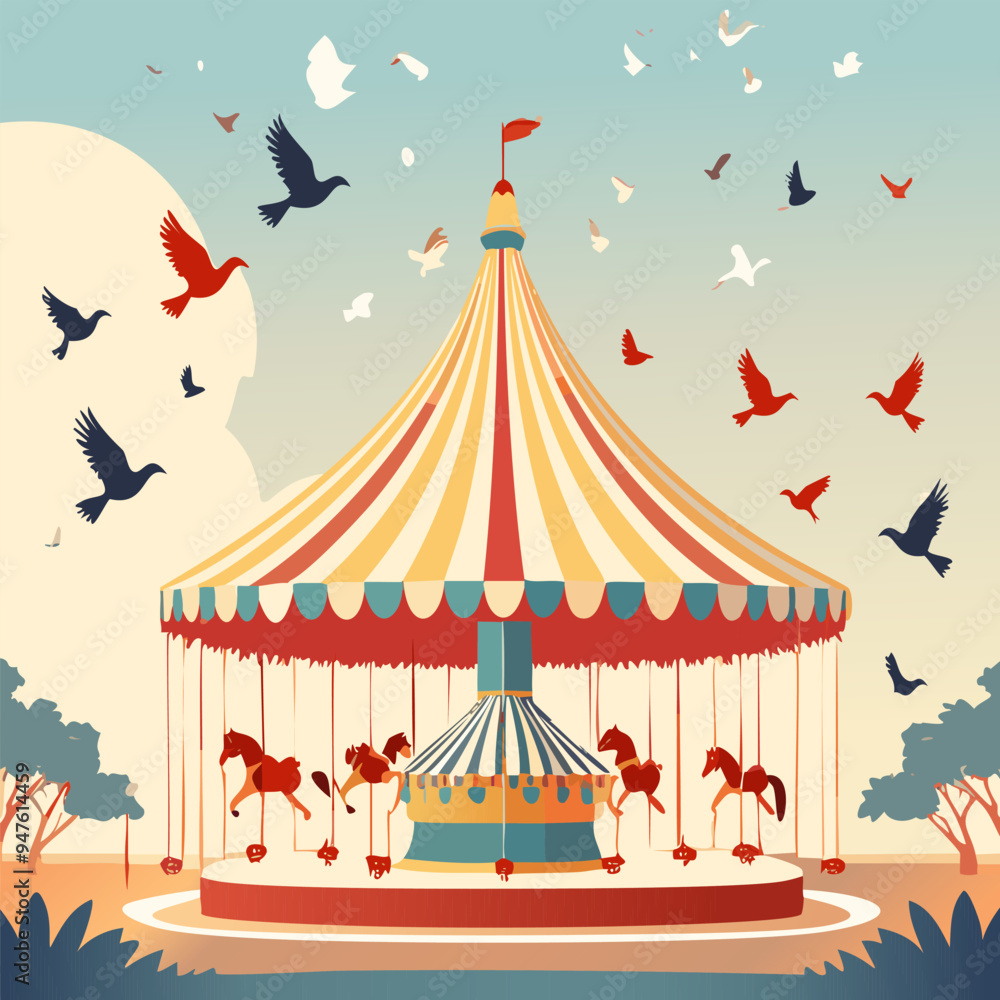 Circus background with carousel and flying birds. Vector illustration. Circus background with carousel and flying birds. Vector illustration.