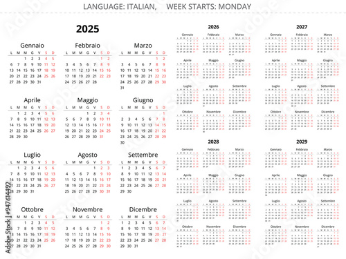 2025, 2026, 2027, 2028, 2029 year italian calendars. Printable vector illustration for Italy