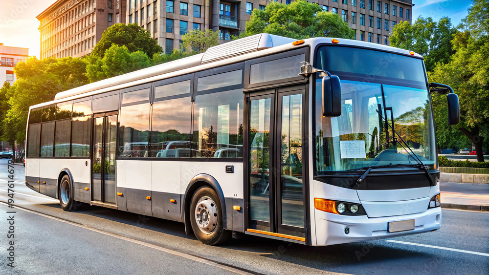 Fototapeta premium A public transit bus navigates a city street, showcasing its sleek design against the backdrop of residential buildings and lush trees as the sun sets