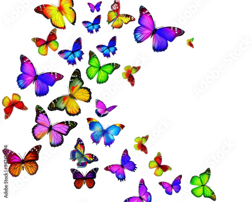 A vibrant array of colorful butterflies in various sizes and patterns, creating a whimsical effect. photo